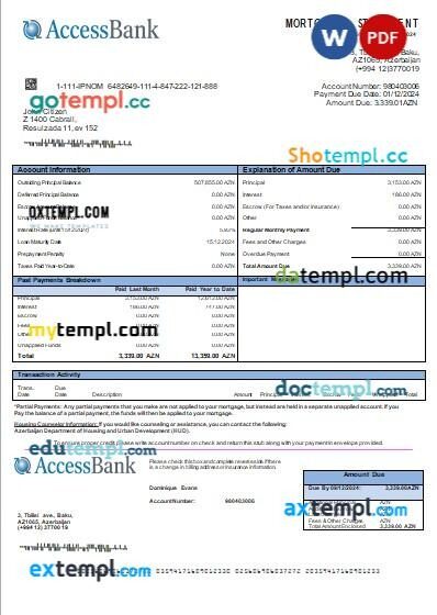 Azerbaijan Access Bank mortgage statement, editable template in PDF and Word