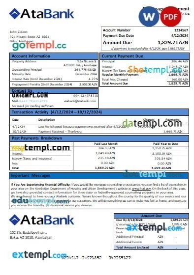 Azerbaijan Atabank bank mortgage statement, editable template in PDF and Word