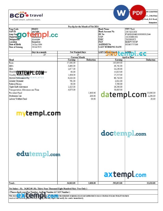 BCD Travel India payslip template in Word and PDF formats