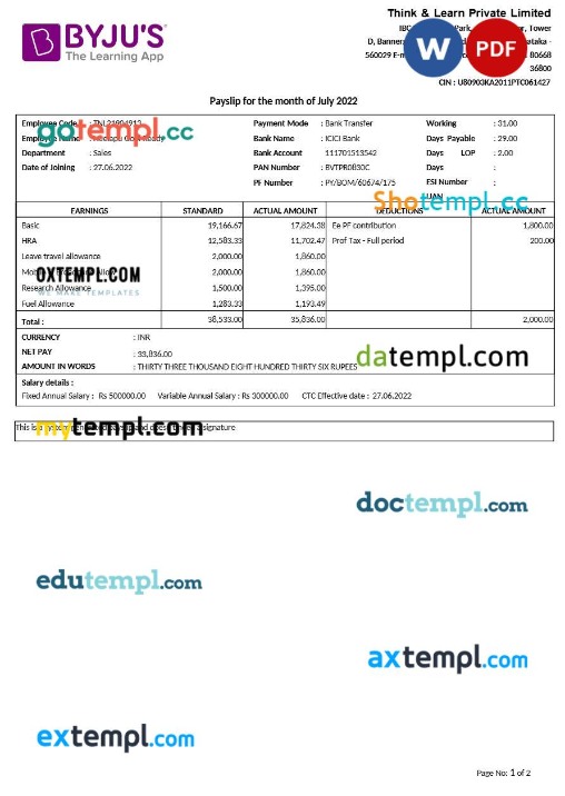 BYJU-s learning app payslip template in Word and PDF formats