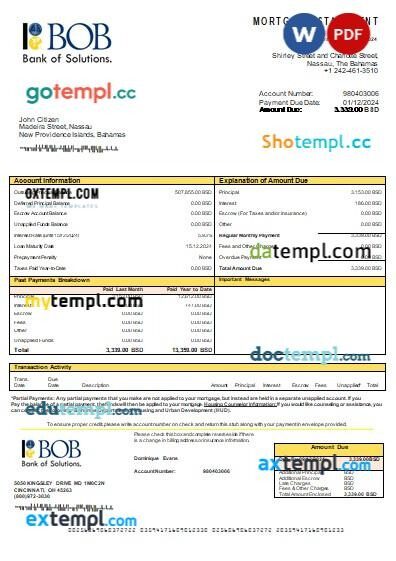 Bahamas Bank of the Bahamas bank mortgage statement, editable template in PDF and Word