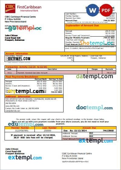 Bahamas CIBC Caribbean Bank bank mortgage statement, editable template in PDF and Word