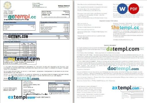 Bahamas Central Bank bank mortgage statement, 2 pages, editable template in PDF and Word