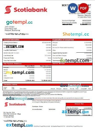 Bahamas Scotiabank bank mortgage statement, editable template in PDF and Word