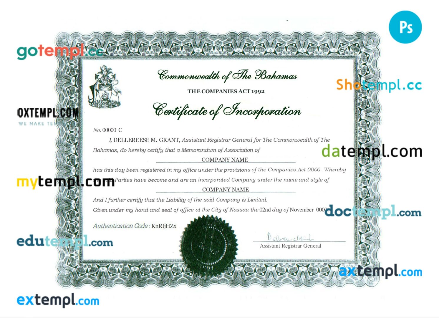 Bahamas certificate of incorporation PSD template