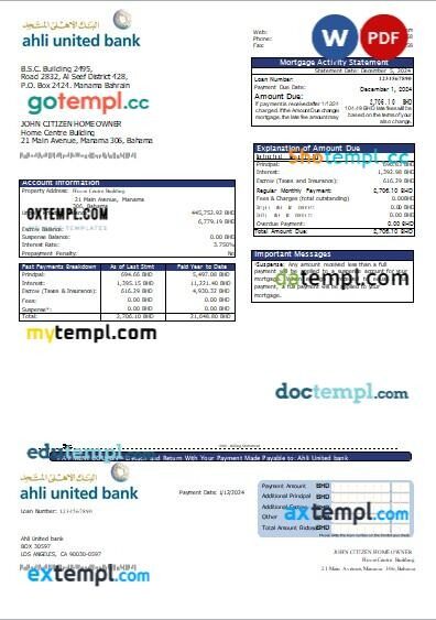 Bahrain Ahli United bank mortgage statement,editable template in PDF and Word