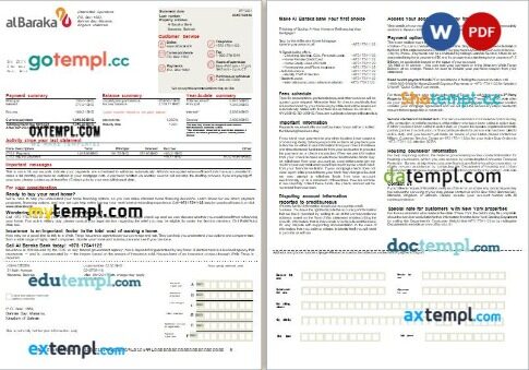 Bahrain Al Baraka bank mortgage statement, 2 pages, editable template in PDF and Word