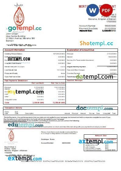 Bahrain Al Salam Bank bank mortgage statement,editable template in PDF and Word