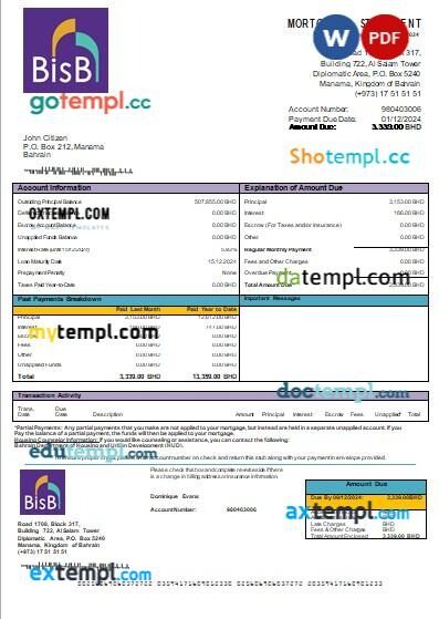 Bahrain BISB bank mortgage statement editable template in PDF and Word