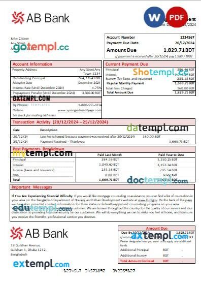 Bangladesh AB bank mortgage statement editable template in PDF and Word