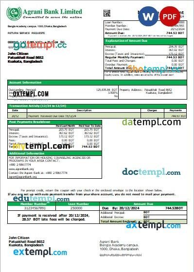 Bangladesh Agrani Bank mortgage statement editable template in PDF and Word