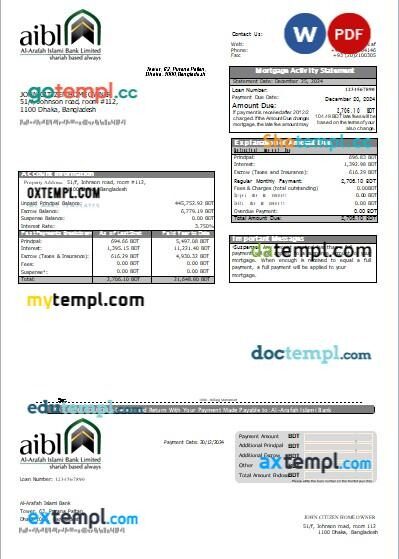 Bangladesh Al-Arafah Islami Bank mortgage statement editable template in PDF and Word