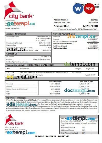 Bangladesh City Bank bank mortgage statement, editable template in PDF and Word