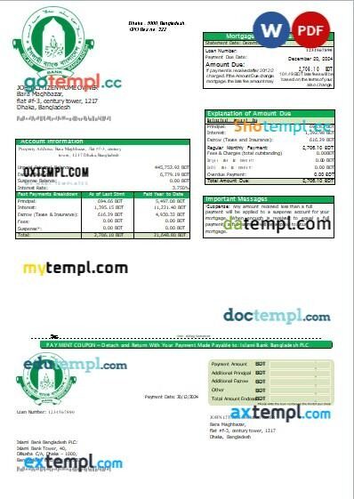 Bangladesh Islami bank mortgage statement, editable template in PDF and Word