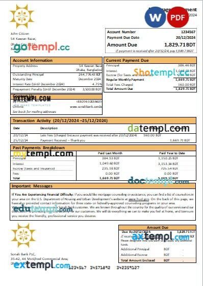 Bangladesh Sonali Bank mortgage statement, editable template in PDF and Word