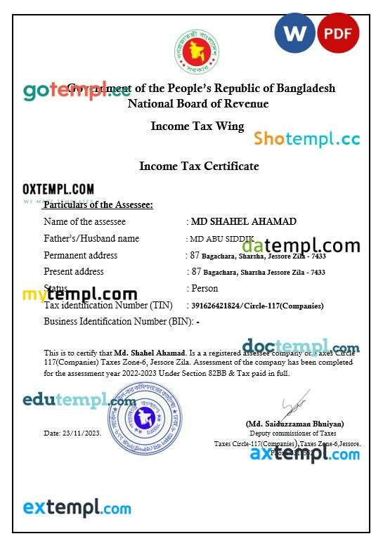 Bangladesh income tax certificate editable template in Word and PDF formats