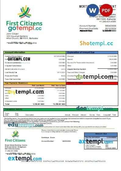 Barbados First Citizens bank mortgage statement, editable template in PDF and Word