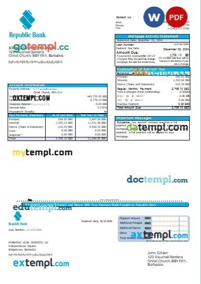 Barbados Republic Bank mortgage statement, editable template in PDF and Word