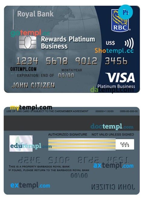 Barbados Royal Bank visa business platinum card template in PSD format