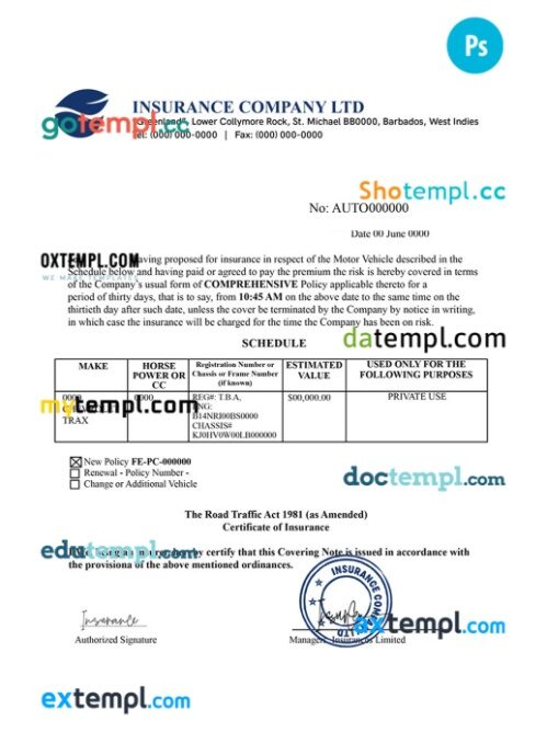 Barbados motor insurance certificate in PSD format