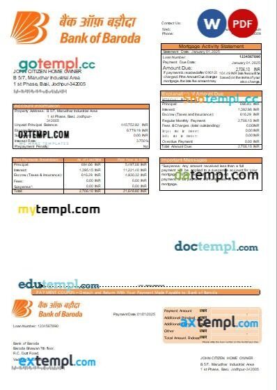 Baroda Bank of Baroda bank mortgage statement, editable template in PDF and Word