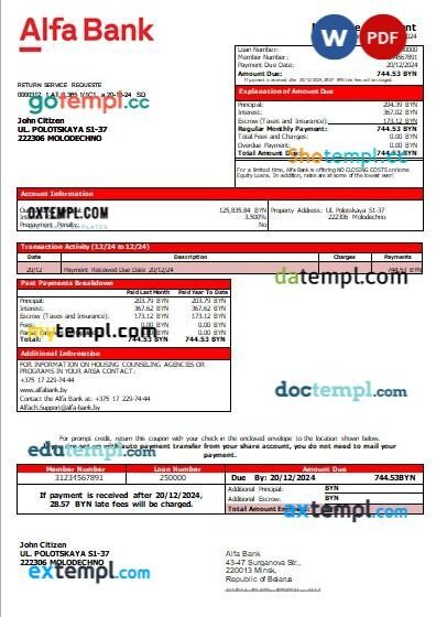 Belarus Alfa bank mortgage statement, editable template in PDF and Word