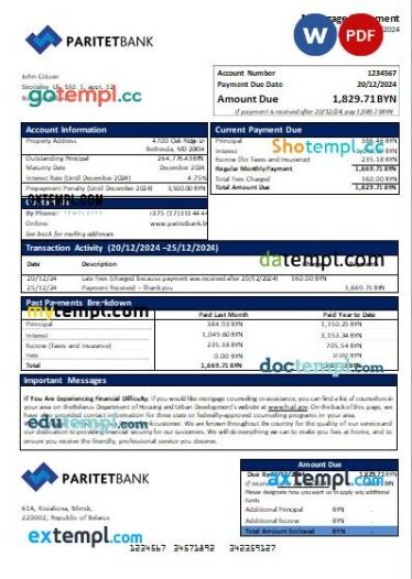 Belarus Paritet bank mortgage statement, editable template in PDF and Word