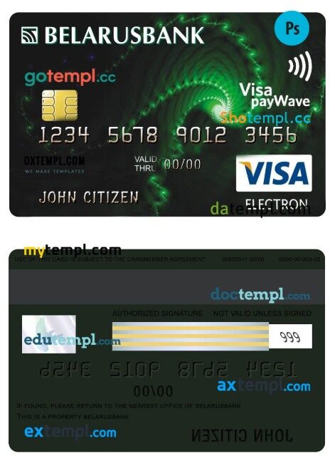 Belarus bank visa electron card template in PSD format