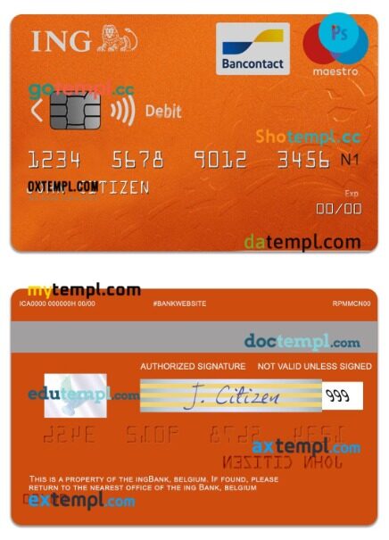 Belgium ING bank maestro debit card template in PSD format