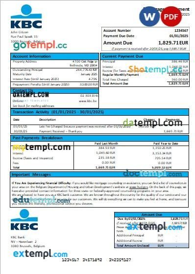 Belgium KBC bank mortgage statement, editable template in PDF and Word