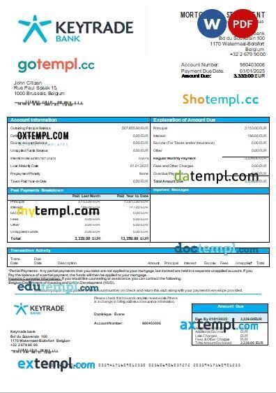 Belgium Keytrade bank mortgage statement, editable template in PDF and Word