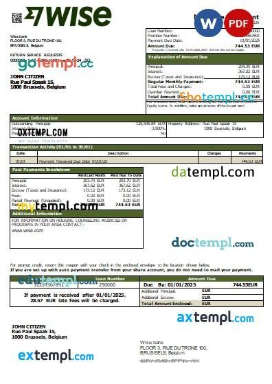 Belgium Wise bank mortgage statement, editable template in PDF and Word