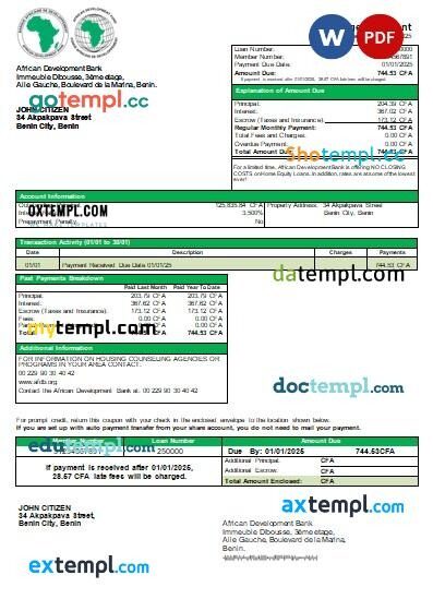 Benin African Development Bank mortgage statement, editable template in PDF and Word