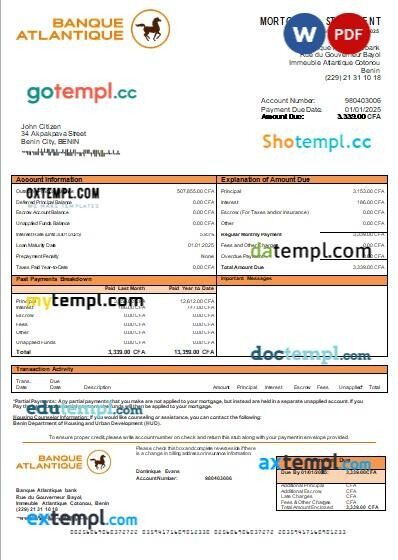 Benin Banque Atlantique bank mortgage statement, editable template in PDF and Word