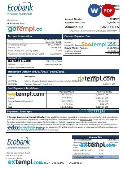 Benin Ecobank bank mortgage statement, editable template in PDF and Word