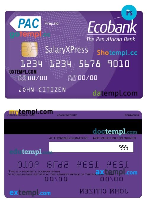 Benin Ecobank salaryxpress prepaid card template in PSD format