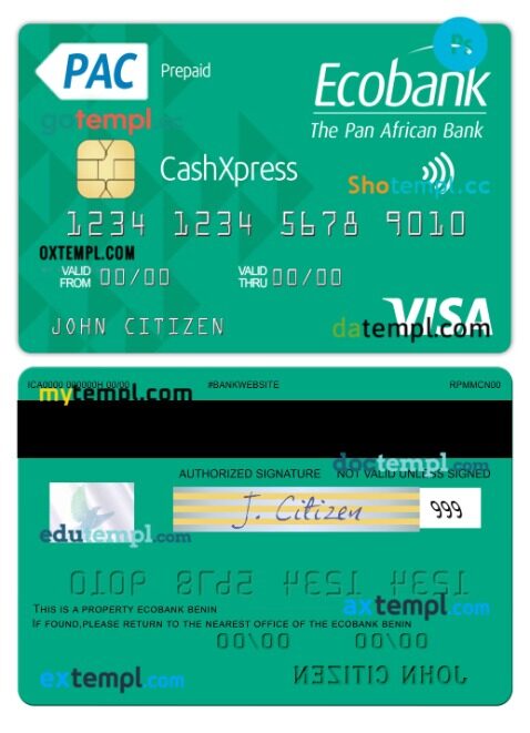 Benin Ecobank visa cashxpress card template in PSD format