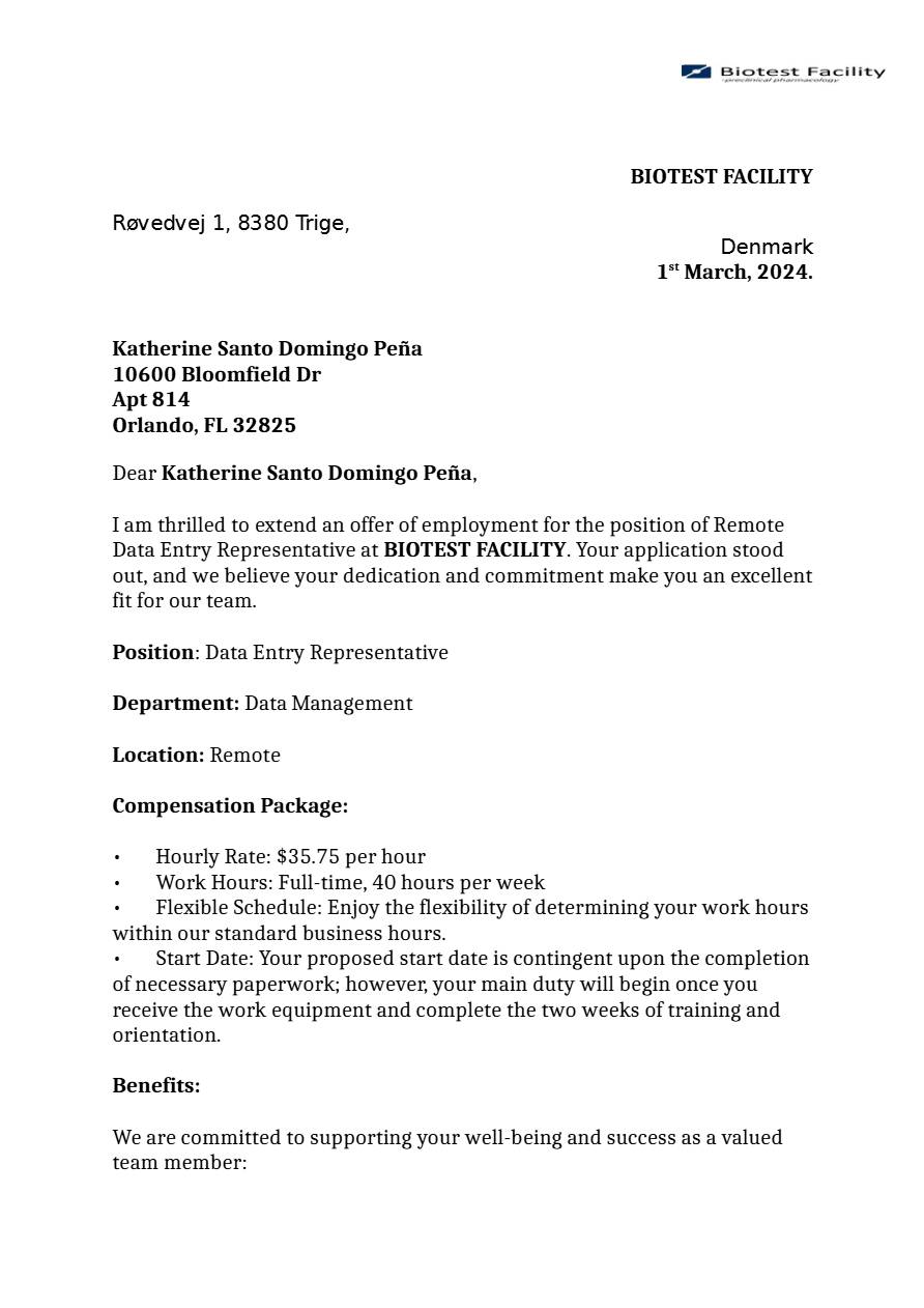 Biotest Facility Data Entry Representative offer letter in Word and Pdf formats