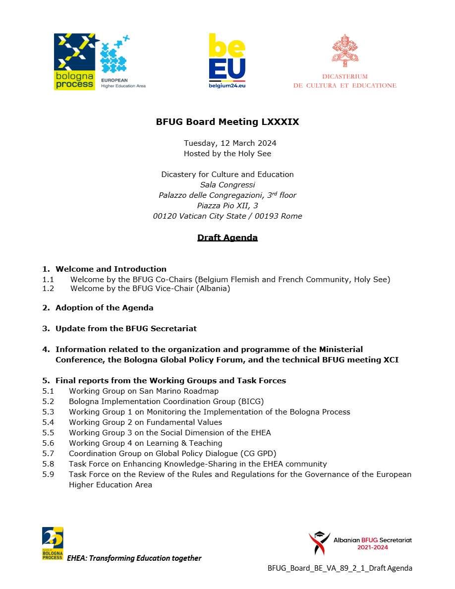 Bologna Process BFUG Board Meeting agenda template in Word and PDF formats