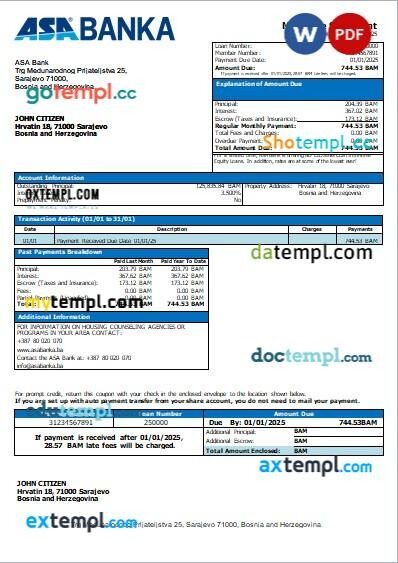 Bosnia and Herzegovina ASA Banka bank mortgage statement, editable template in PDF and Word