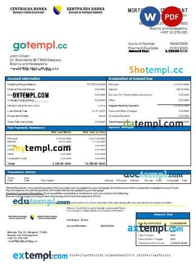 Bosnia and Herzegovina Central Bank mortgage statement, editable template in PDF and Word