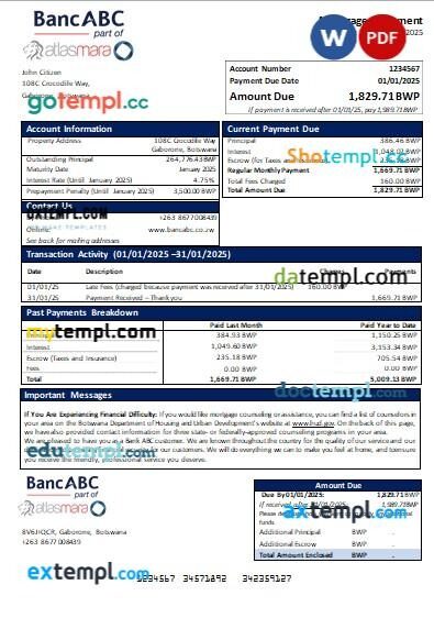 Botswana Bank ABC bank mortgage statement, editable template in PDF and Word