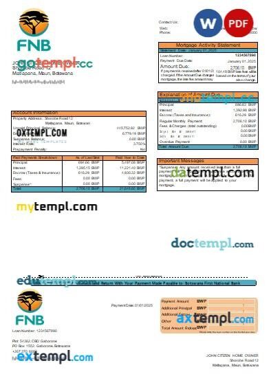 Botswana First National Bank mortgage statement, editable template in PDF and Word