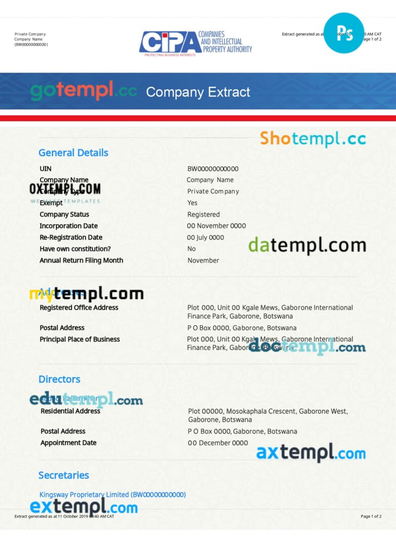 Botswana company registration certificate PSD template, 2 pages