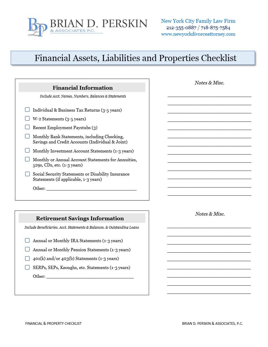 Brain D. Perskin Liabilities and Properties checklist template in Word and PDF formats, 5 pages