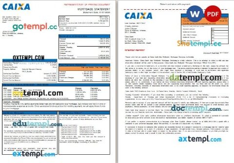 Brazil Caixa bank mortgage statement, 3 pages, editable template in PDF and Word