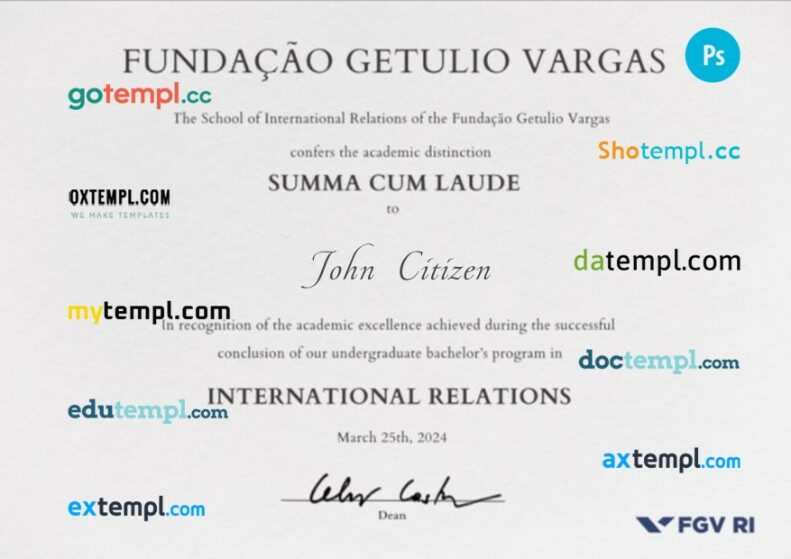 Brazil Fundação Getulio Vargas university diploma template in PSD format