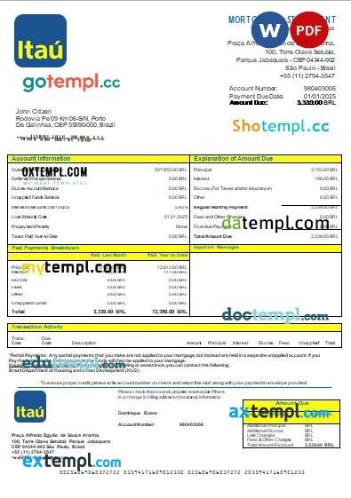 Brazil Itau bank mortgage statement, editable template in PDF and Word