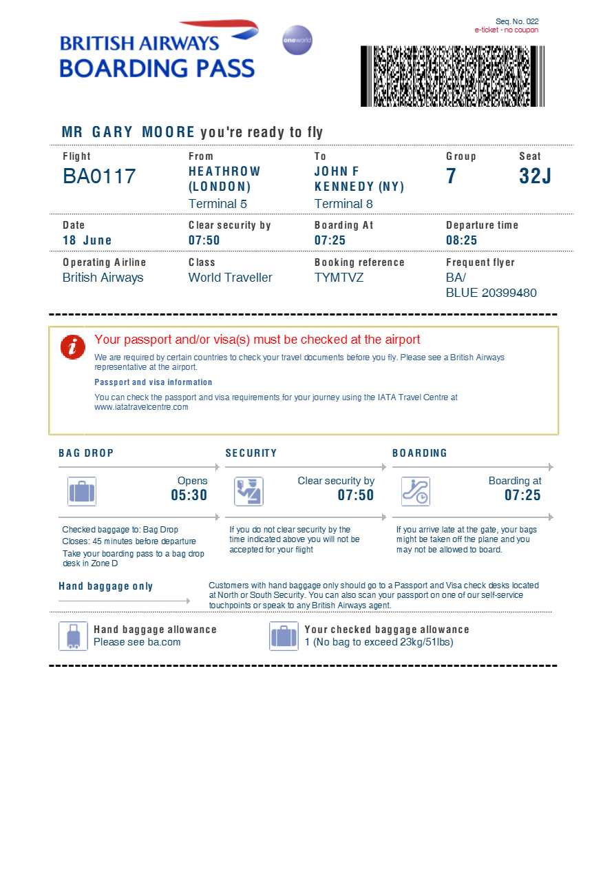 British Airways boarding pass in Word and PDF formats