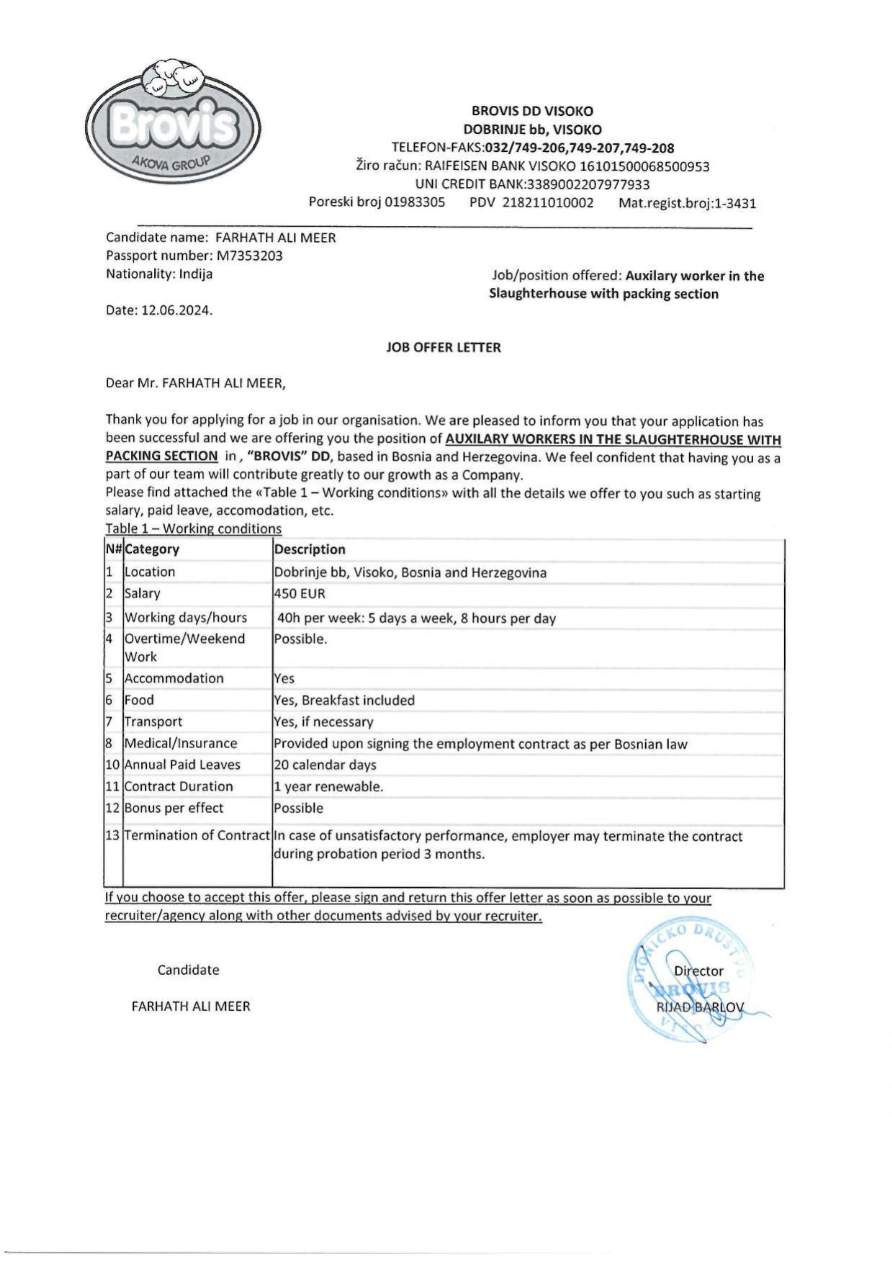 Brovis DD Visoko Auxilary Worker offer letter in Word and Pdf formats